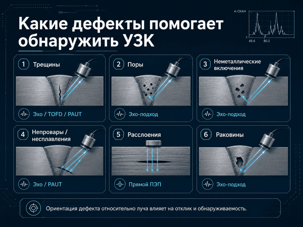 Инфографика о дефектах, которые помогает обнаружить УЗК: трещины, поры, включения, непровары, расслоения и раковины