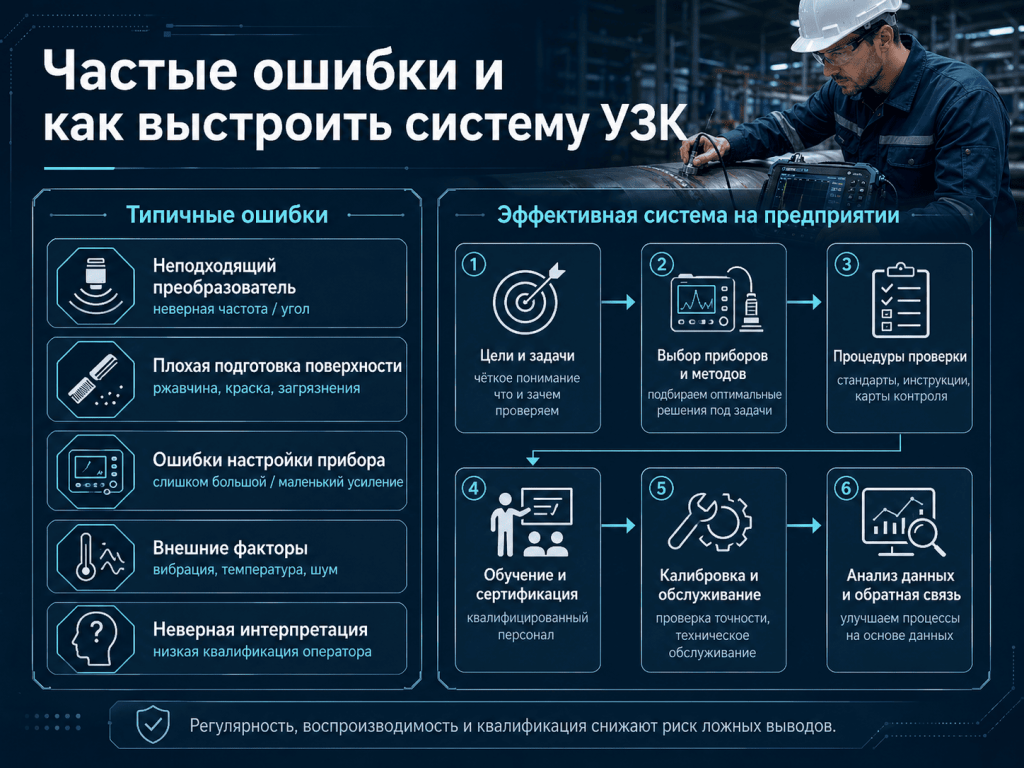 Инфографика о частых ошибках при УЗК и этапах построения эффективной системы контроля на предприятии