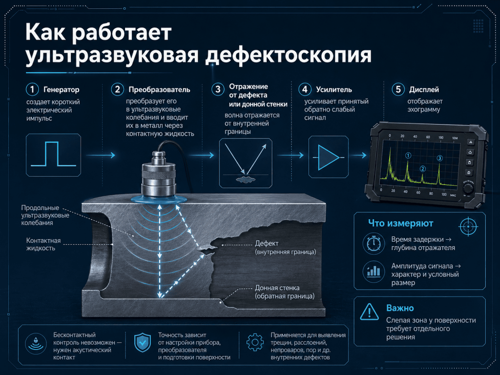 Инфографика о принципе работы ультразвуковой дефектоскопии: генератор, преобразователь, отражение, усилитель и дисплей