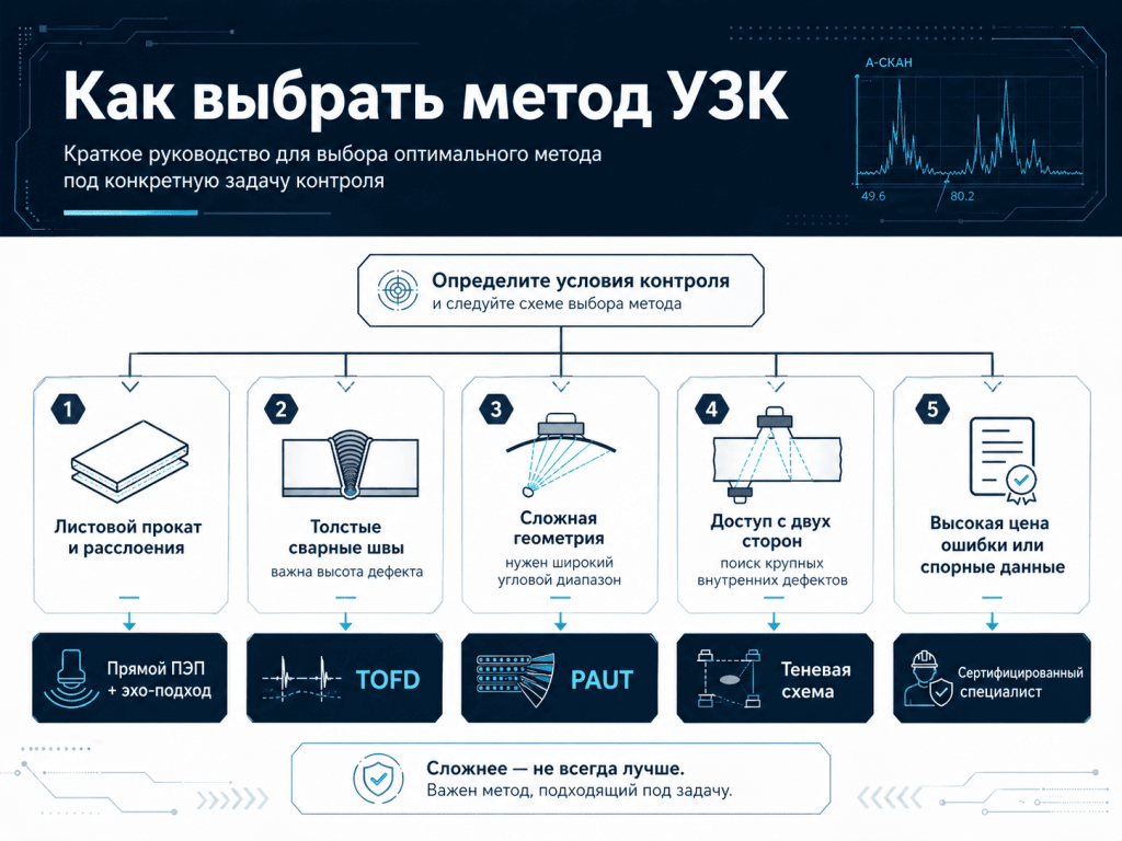 Инфографика с алгоритмом выбора метода УЗК по типу объекта, дефекта и условиям контроля