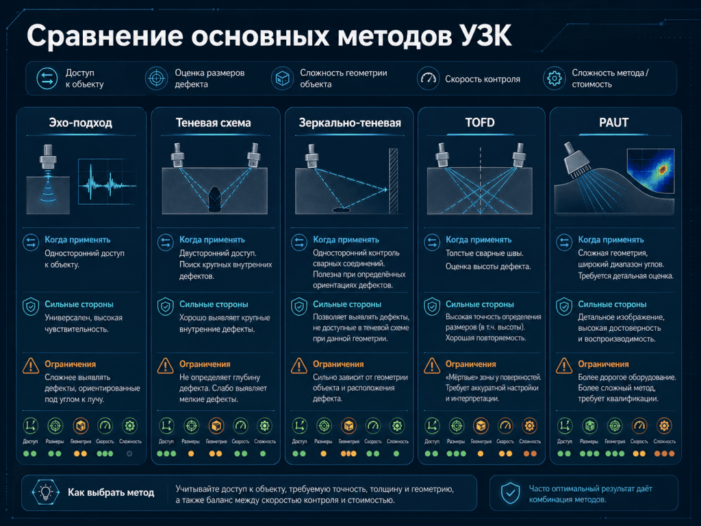Схема сравнения эхо-подхода, TOFD и PAUT при ультразвуковой проверке сварного шва